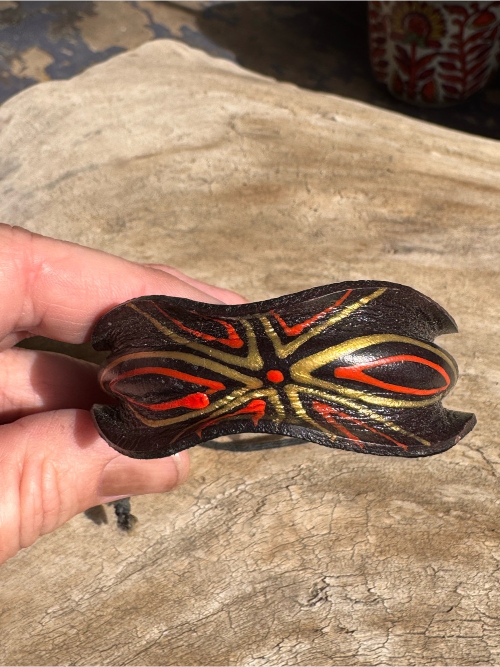 Handpainted Brown Leather Cuff Bracelet with Red & Gold Accent